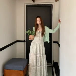 Set váy hoa xanh dài + áo khoác cardigan xanh