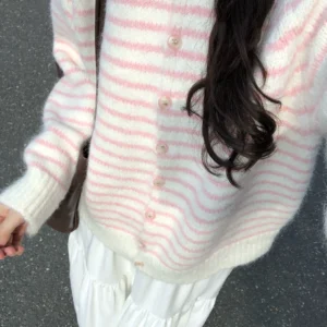 五是喜喜~粉雾条纹针织毛衣开衫外套女春秋冬小个子宽松百搭上衣